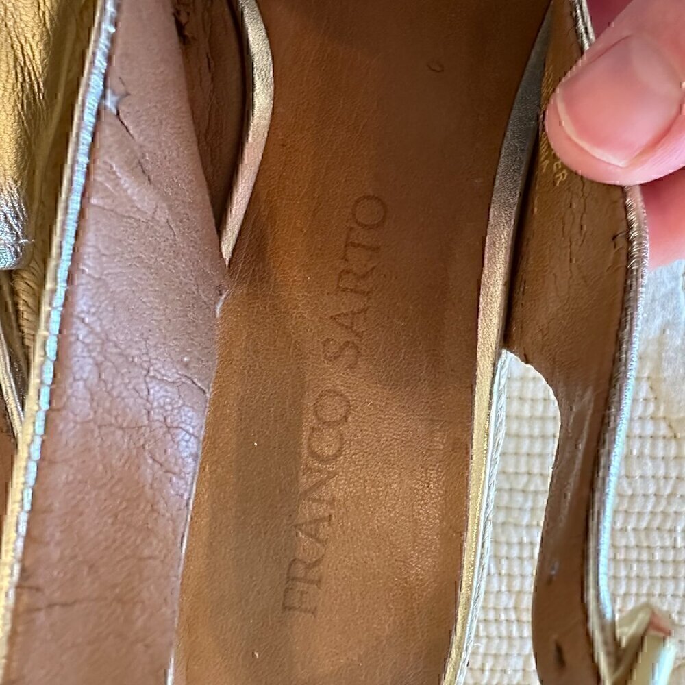 Franco Sarto LEATHER gold peep toe wedge sandals women size 8.5 M - Picture 3 of 7